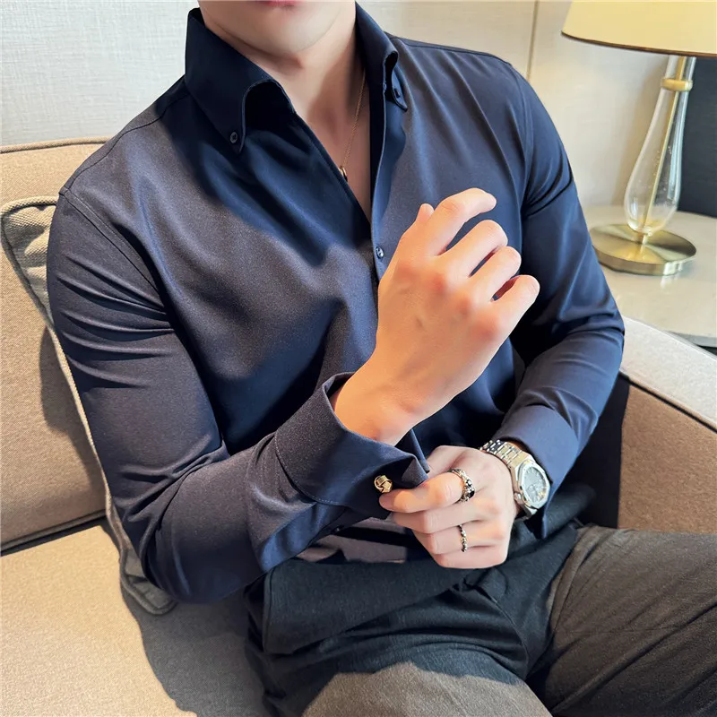 

Мужские социальные рубашки Смокинг Высококачественные однотонные мужские классические рубашки с длинным рукавом Slim Fit Универсальные деловые блузки для официальной одежды