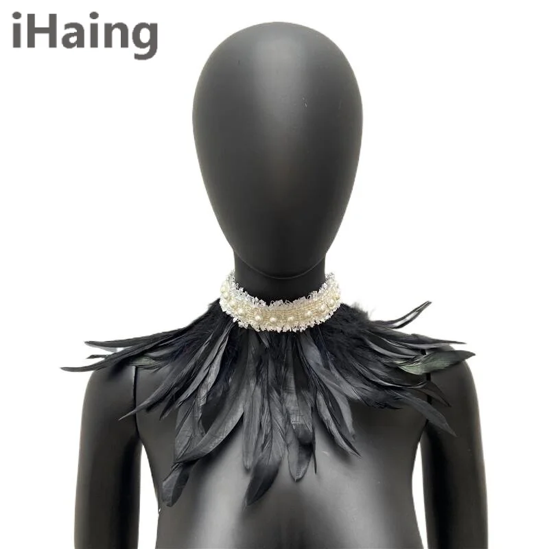 

Gothic Punk Feather Shawl Cape Shrug Shoulder Wrap Fake Lace Pear Choker Collar Stole Epaulet Halloween Cosplay Party Stage Show