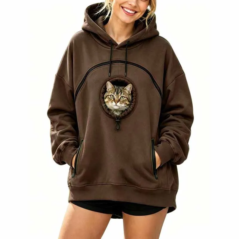 Plus Size Women Zipper Hoodie with Pet Hole Long Sleeve Fleece Sweatshirt Loose Casual Hooded Tops for Cat Dog Pet Holder Pocket