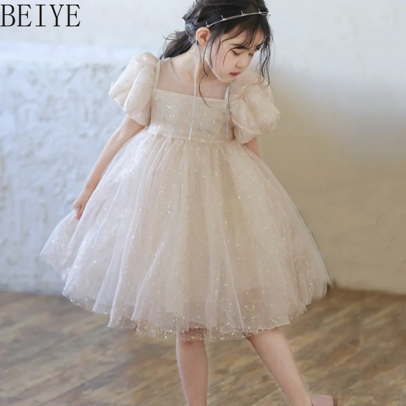 

Bubble Short Sleeve Sequined Dress for Girls Summer New Mesh Princess Party Dress Kids High Street Fairy Birthday Dress
