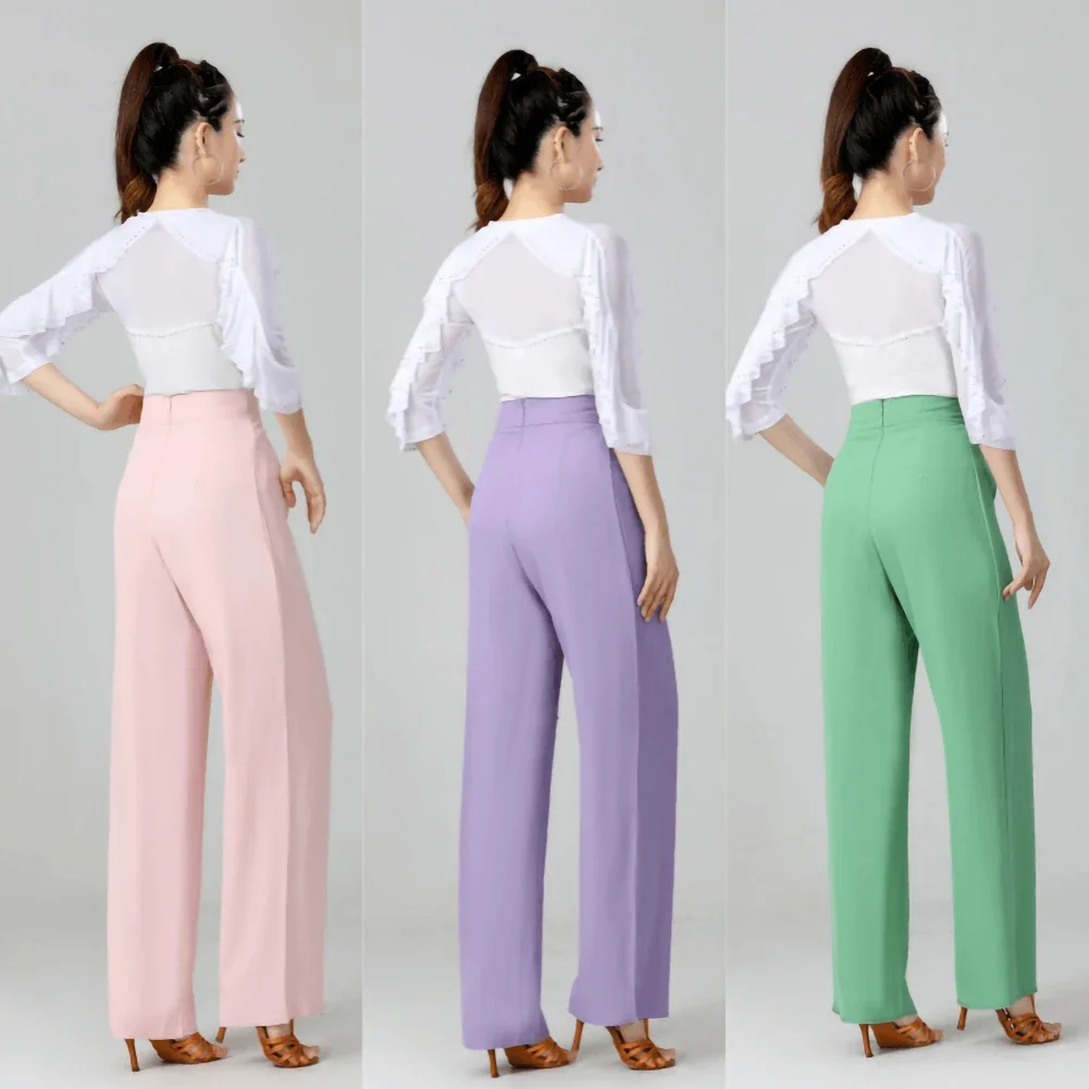 Pantalones latinos de cintura alta para actuación de Tango, pantalones de competición de Samba verde claro para fila de pantalones de baile para mujer con volantes