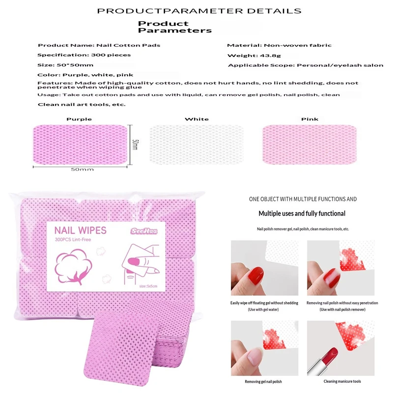 300 unidades/pacote, Lenços de Algodão Coloridos Sem Fiapos para Remoção de Esmalte, Almofadas de Papel para Limpeza de Gel UV e Poeira, Ferramenta de Manicure