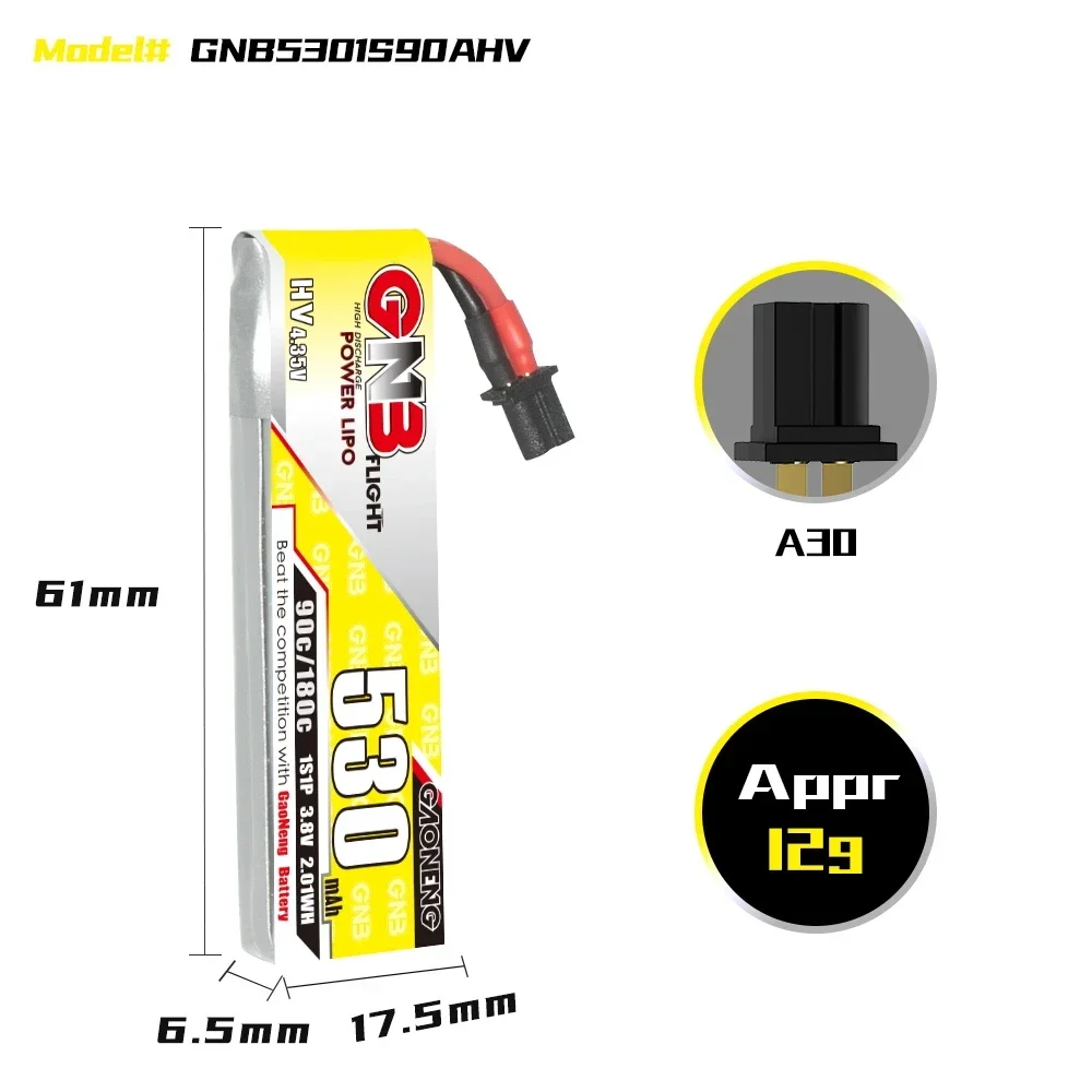 GAONENG GNB 530mAh HV 1S 90C 180C 3.8V Cabled A30 LiPo Battery Yinywhoop Tiny7 NewBeeDrone Cockroach HGLRC