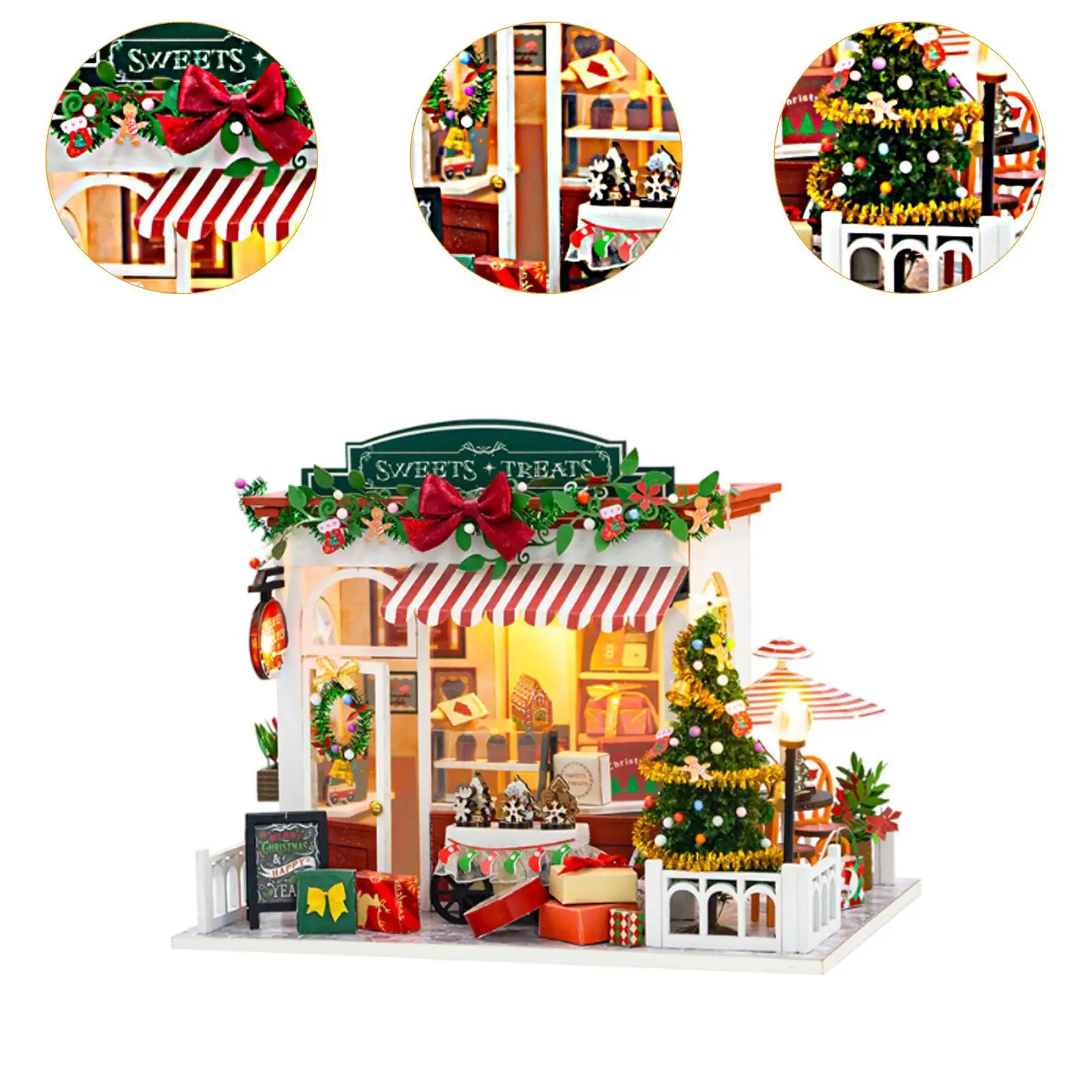 Casa de muñecas de Navidad DIY con luces y adornos, decoración de escritorio, Kit de casa de jardín en miniatura para Hobby, regalos de Navidad, habitación, tienda