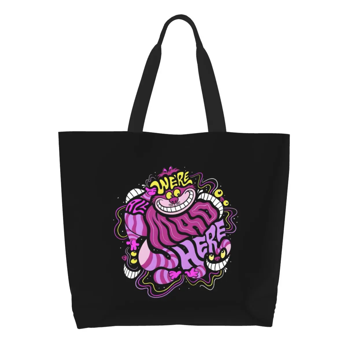

Custom Cheshire Cat Groceries Shopping Tote Bags Women Cute Smiling Cat Canvas Shoulder Shopper Bag Big Capacity Handbags
