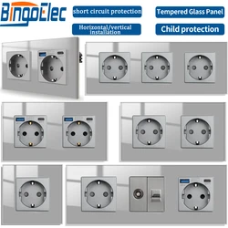 Bingoelec EU Standard Double USB Socket Gray Glass Single Electric Socket with Grounding CAT6 RJ45/TV Triple Sockets combination
