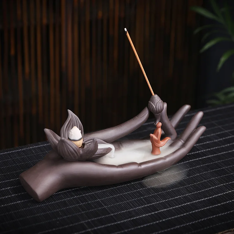 

Zen Buddha Hand Louts Backflow Incense Burner Incense Stick Holder Purple Clay Censer Office Tea House Decorate