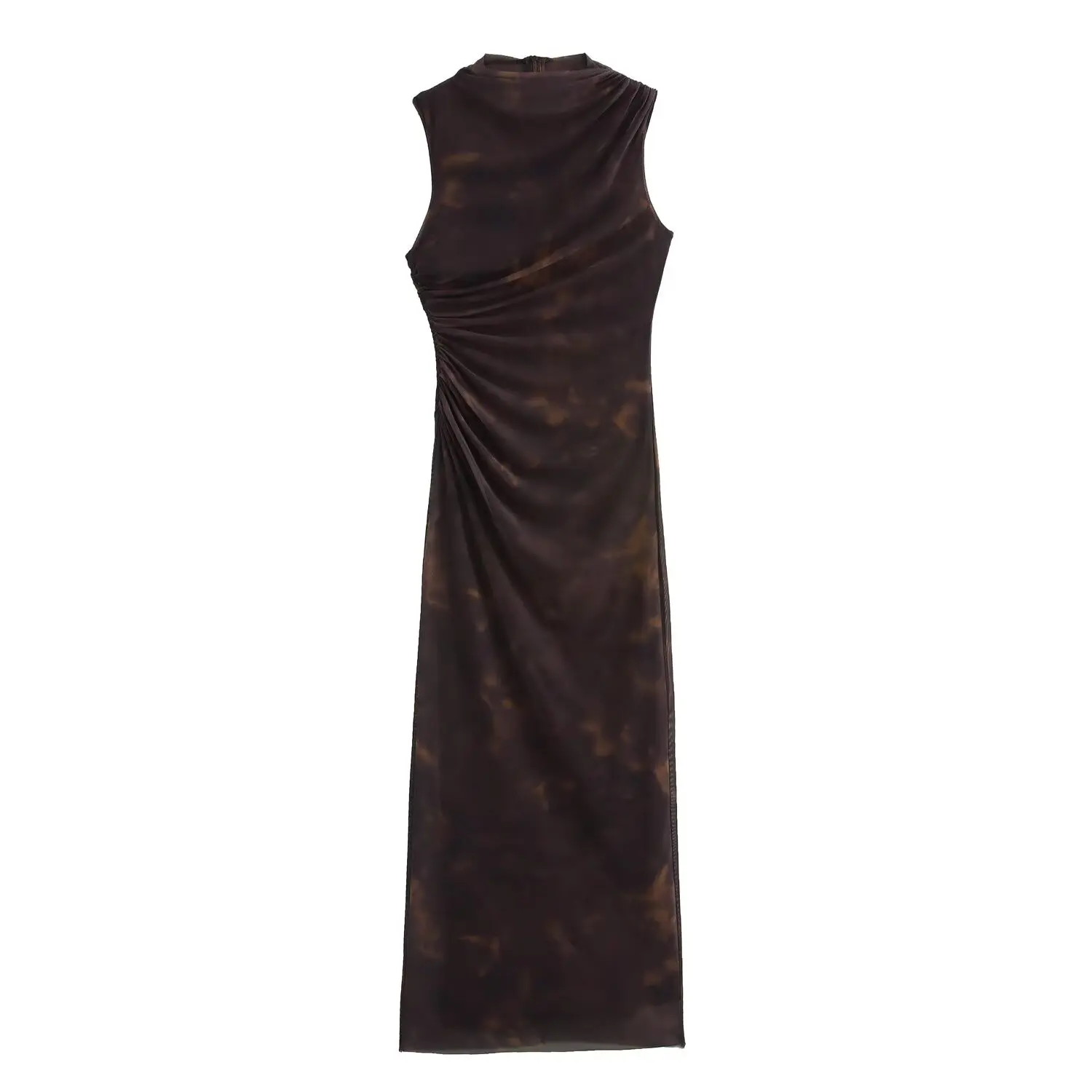 

TRAFZA Women's Summer Fashion Sexy Slim Fit Printed Pleated Dress Female Chic Elegant Zipper Sleeveless Long Ankle Length Dress