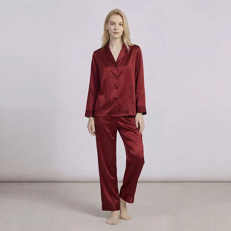 100% Mulberry Silk Pajamas Women Long Sleeve 2 Piece Pj Set Notched Collar Button Down Sleepwear Luxury Solid Color Loungewear
