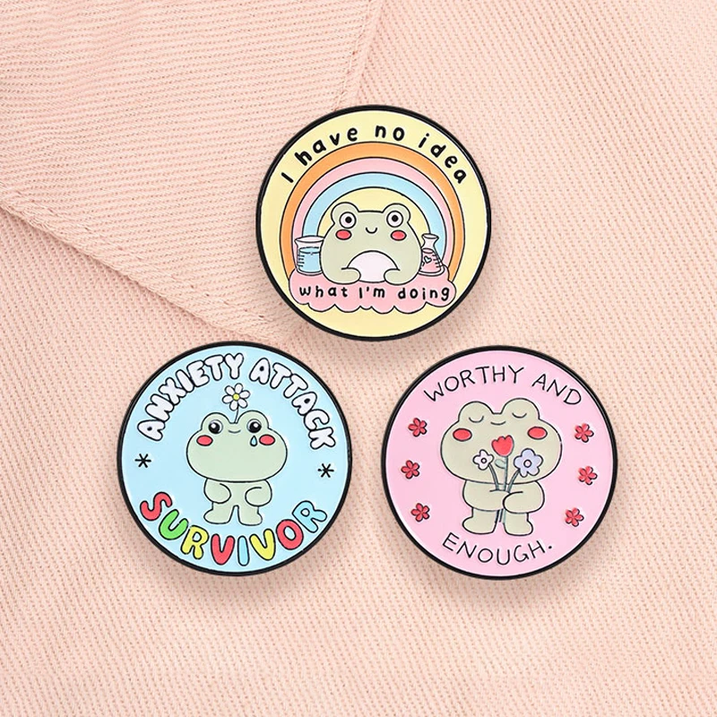 Anxiety Attack Survivor Enamel Pins Mental Health Frog Worthy And Enough Brooch Inspirational Self‑Care Quotes Badge Jewelry Gif