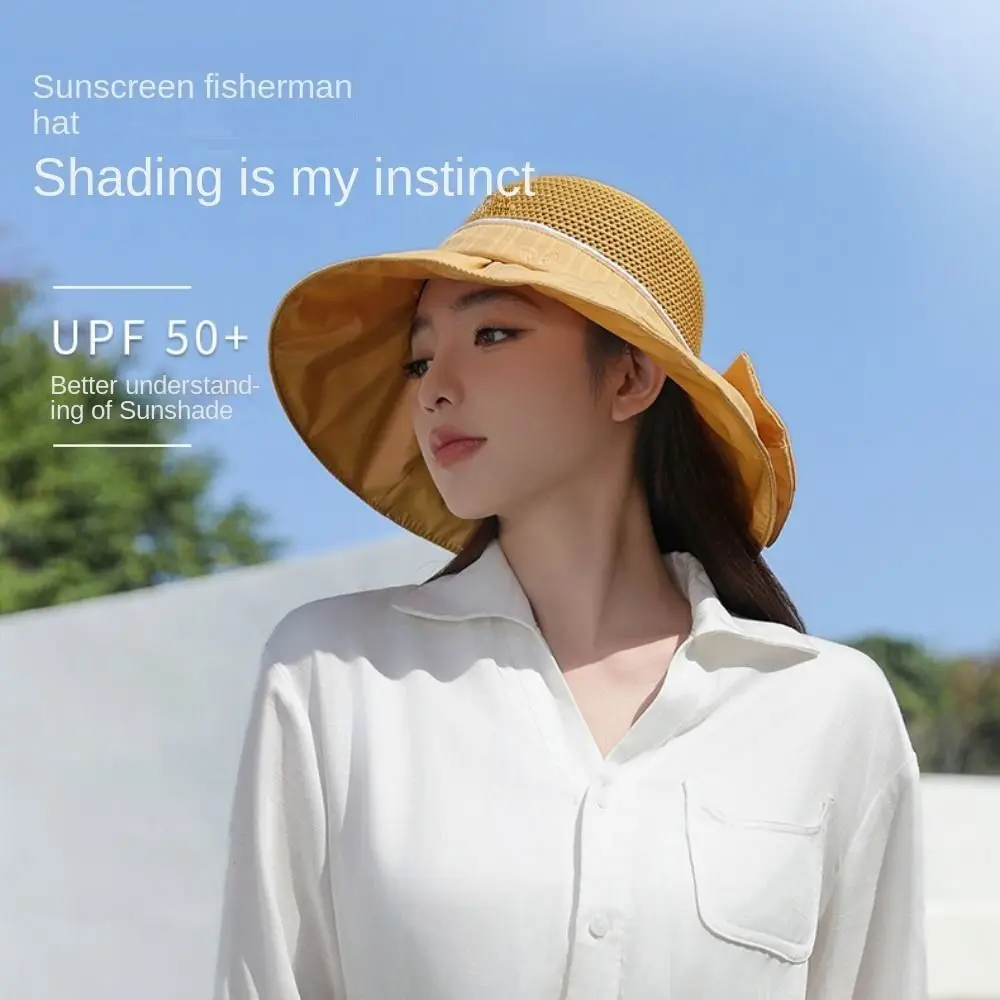 Sunscreen Cap Wide Brim Bow Fisherman Hat Sunscreen Bow Wide Brim Fishermen Cap Exquisite Breathable Sunscreen Bucket Hat Girl