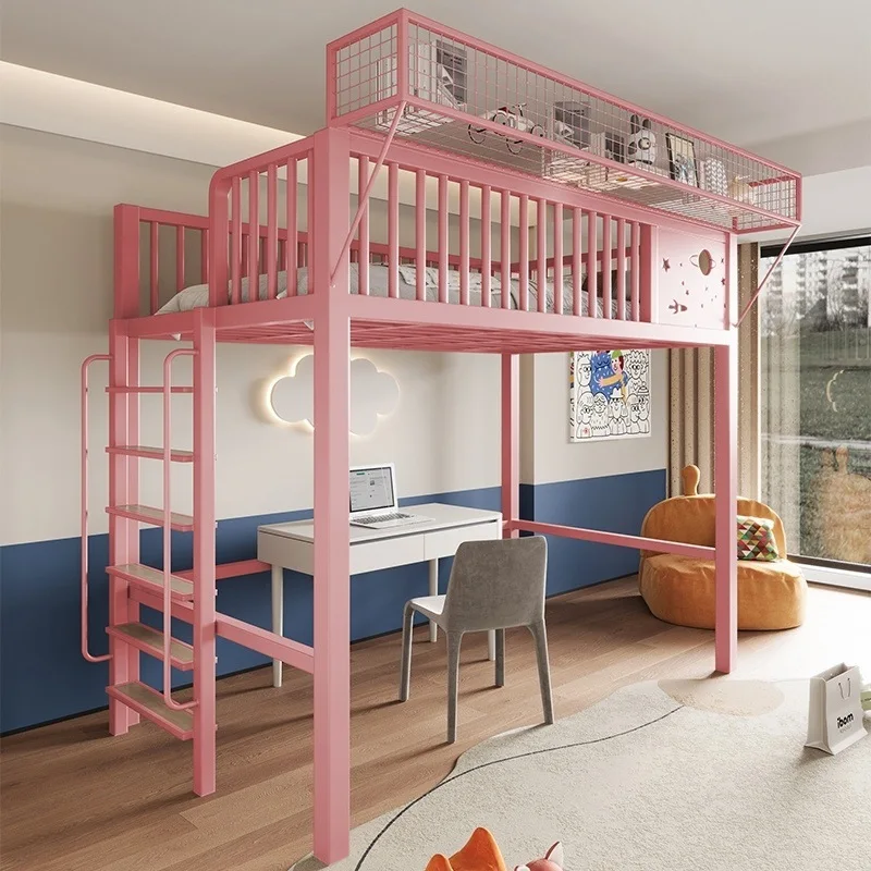 

Space saving wrought iron bedroom second floor upper bed lower table high and low bed attic bed rack durable steel