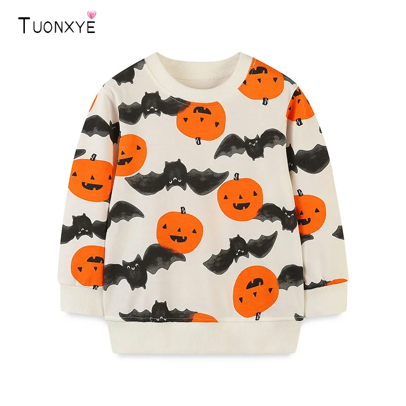 TUONXYE Boys Cotton Sweatshirt Halloween Pumpkin Bat Print Crew Neck Long Sleeve Pullover Kids Casual Fall Tops Autumn Clothes