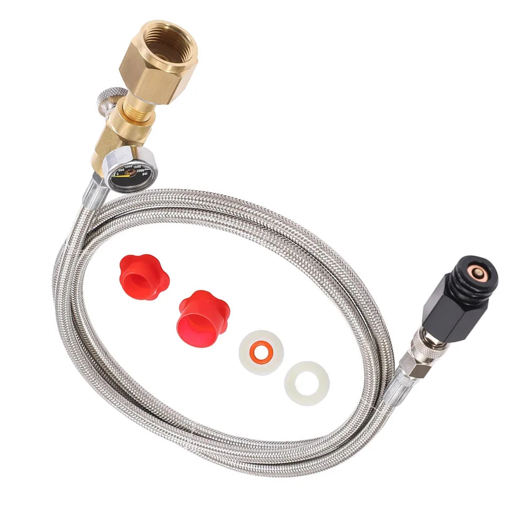 기계에 표준 CGA 320 밸브를 사용하기 위한 압력 게이지와 배기 밸브가 있는 60인치 호스 탱크 실린더 어댑터