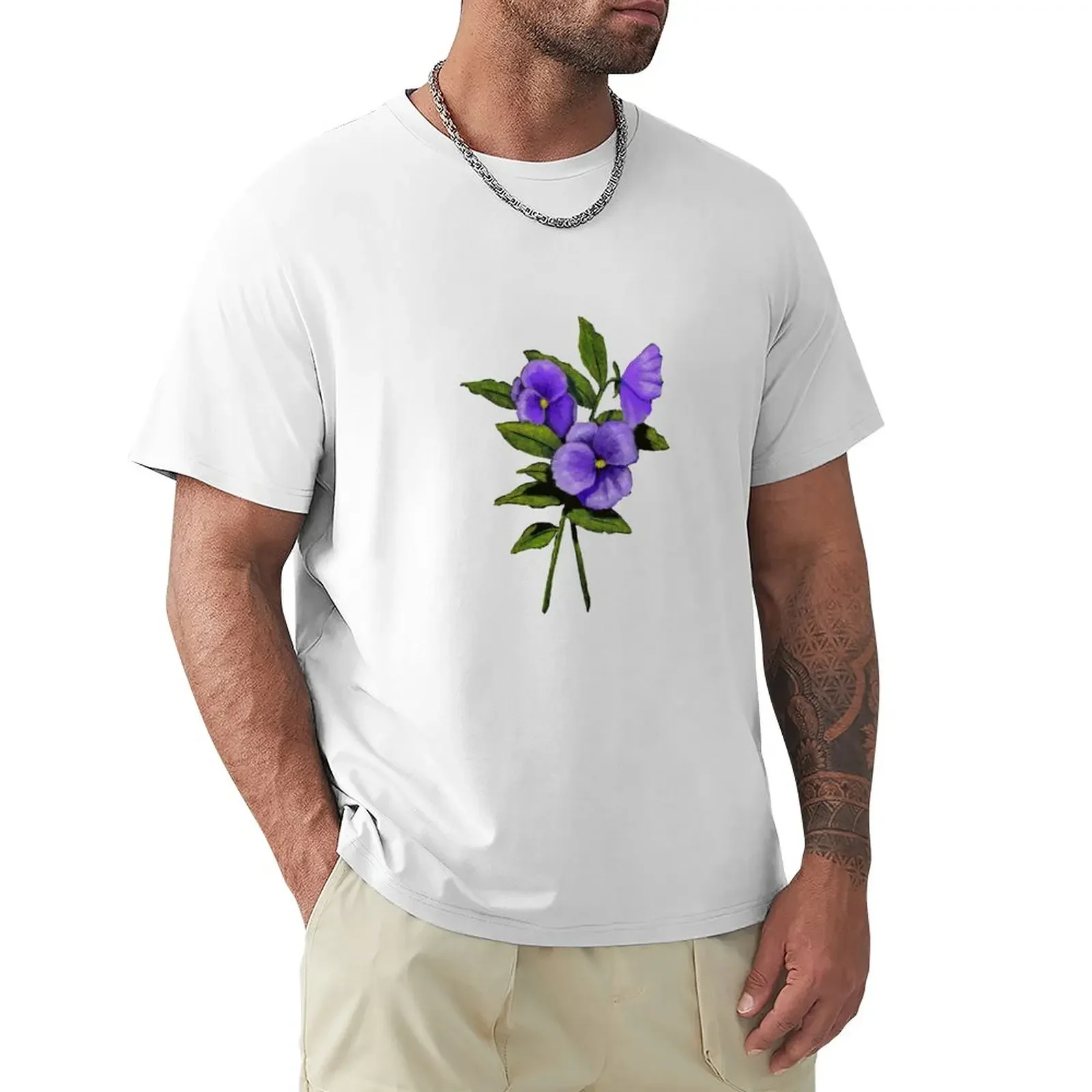 Purple Pansies: Original Colour Pencil Drawing, Flowers T-Shirt Short sleeve tee cute tops oversizeds Men's t-shirt