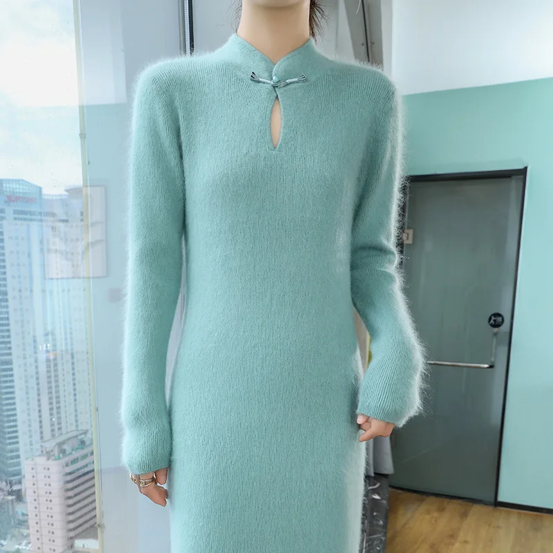 

Autumn and winter new women's 100% mink cashmere sweater half turtleneck knitted skirt Fashion Chinese style romantic dress