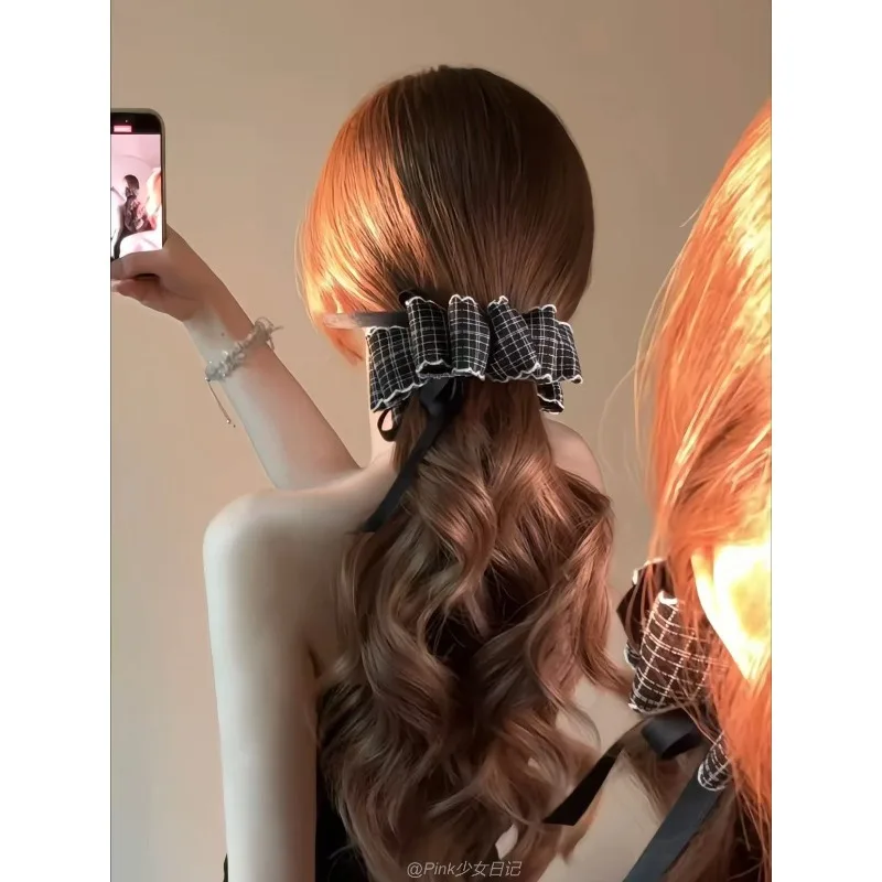 Premium plaid bow streamer banana clip women's hair accessories back head hairpin ponytail clip vertical clip headgear