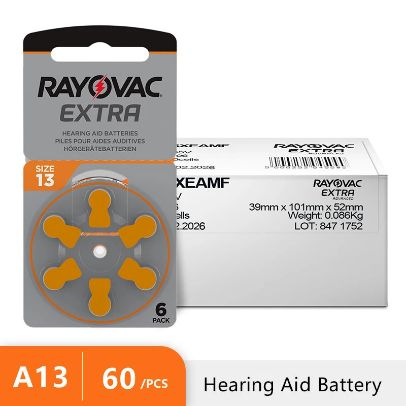 Hearing Aid Battery 60PCS RAYOVAC EXTRA Zinc Air Batteries 1.45V.13A A13 13A 13 P13 PR48 Battery For BTE CIC RIC OE Hearing Aids