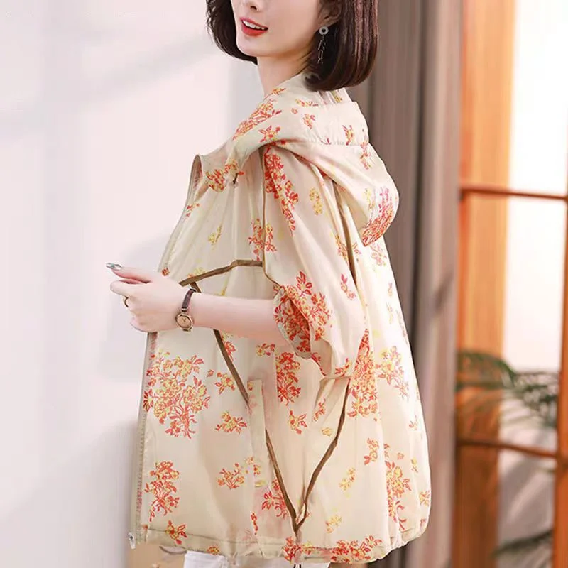 Hàn Quốc In Trung Dài Chống Nắng Bảo Vệ Quần Áo Nữ Cardigan Áo Khoác Có Mũ Trùm Đầu Mùa Xuân Hè Dây Kéo Áo Gió Nữ 2022