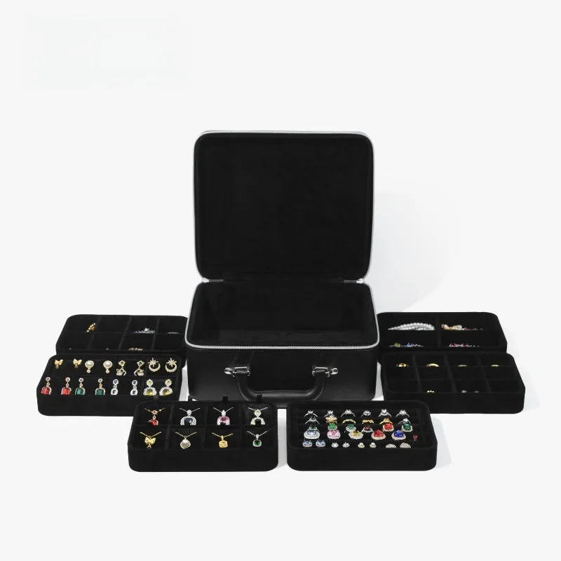 Portable Jewelry Display Tray Large PU Leather Zipper Jewelry Box Earrings Necklaces Ring Trays Multi-layer Jewelry Organizer