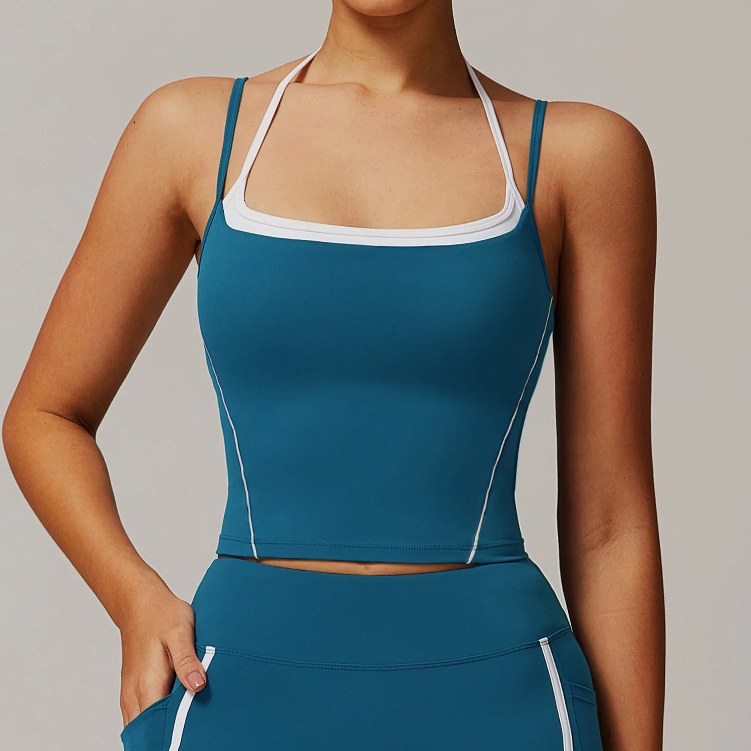 

2025 New Fake Two Neckline Beautiful Back Yoga Vest High Intensity Running Exercise Fitness Naked Strap Push-up Underwear