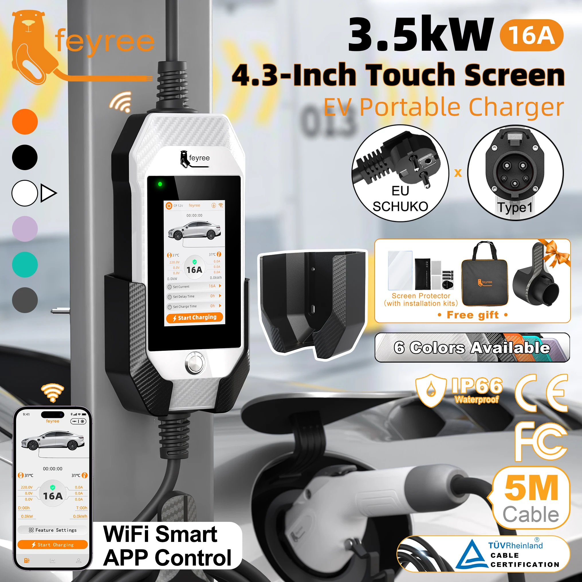 feyree 3.5kW  Type1 Portable EV Charger Smart WIFI APP Remote Control with 4.3 inch Touch Screen Design AC EV Charging Station