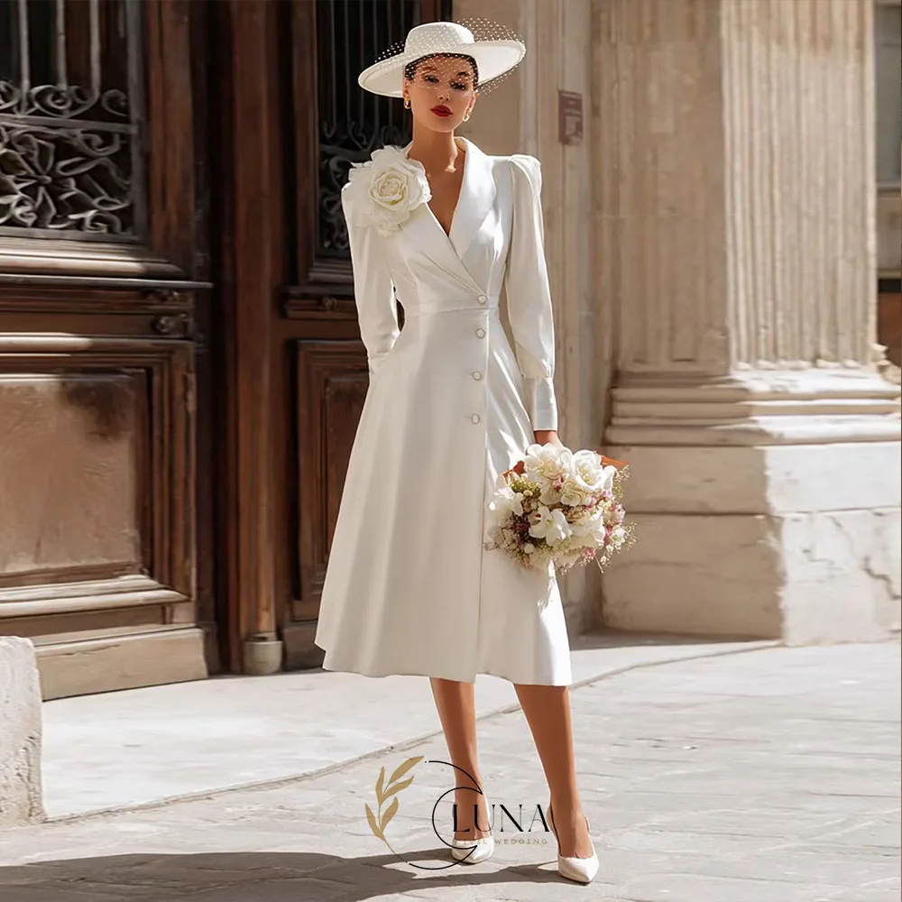 Luna Ivory Single Breasted Shawl Lapel Midi Blazer Wedding Dress Handmade Flowers French Modern Bridal Gown Customized