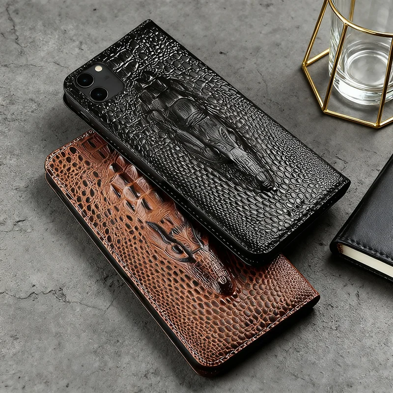 

Чехол-книжка из натуральной кожи с головой крокодила для Xiaomi Redmi Note 13 13R 14 14S Pro Plus 5G, магнитный чехол с карточкой, чехлы для телефона