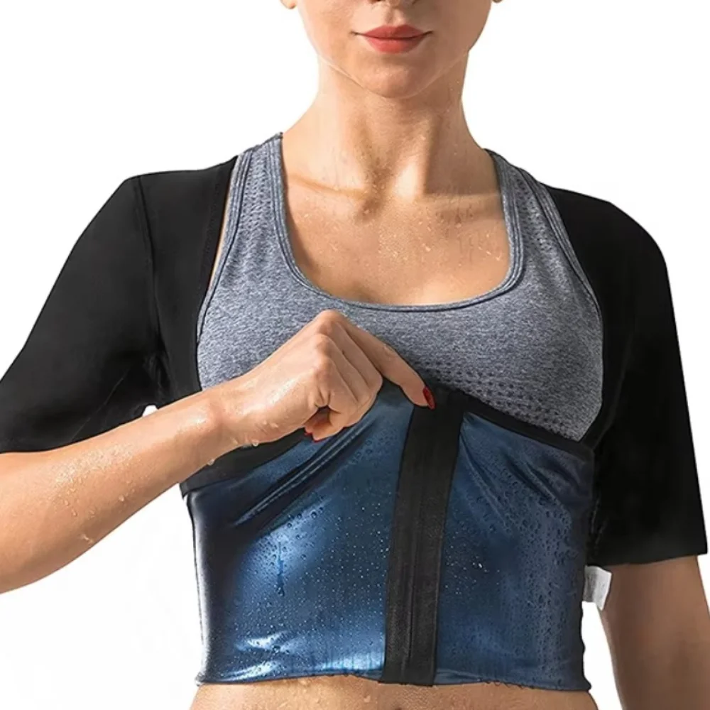 

Heat Trapping Women Sauna Suits Short Sleeve Zipper Design Fat Burning Fitness clothes Compression Push Up Sauna Sweating Shirts