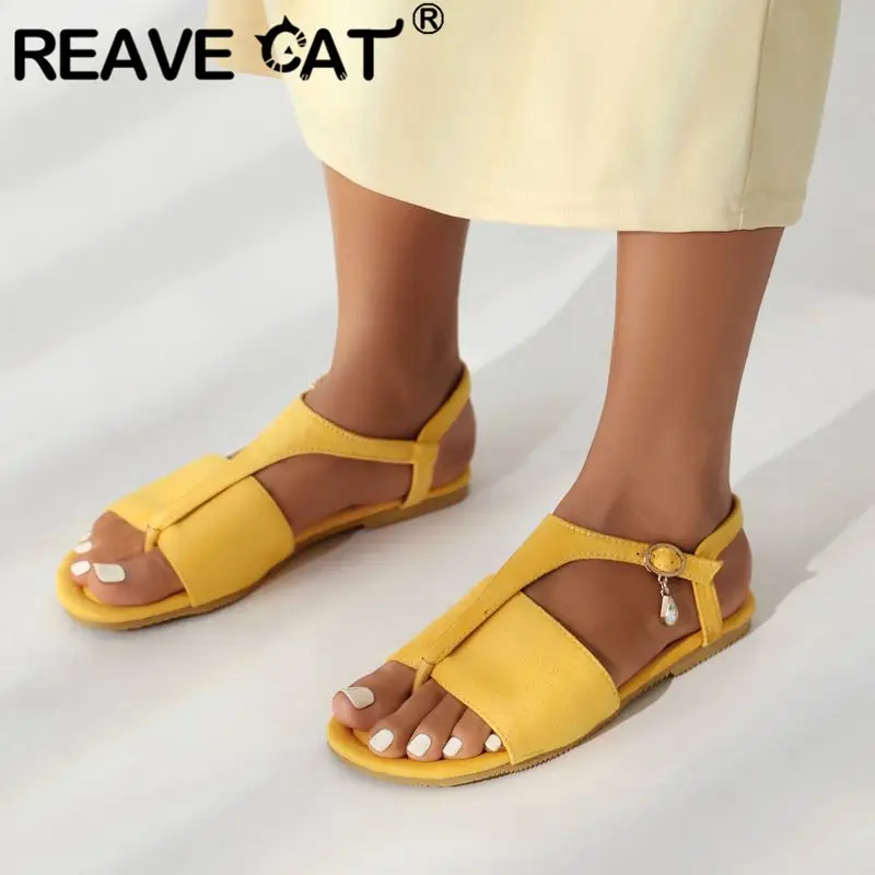 REAVE CAT 2024 Summer Women Sandals Clip Toe Flock Suede Buckle T-Strap Size 49 50 Leisure Soft Daily Flats Female