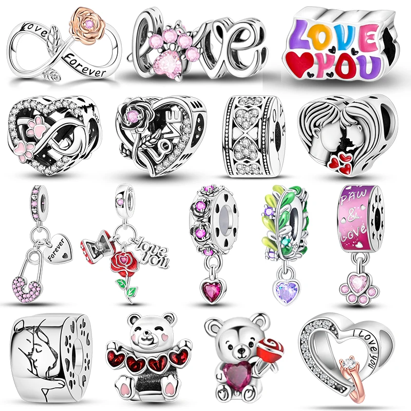 925 Sterling Silver Love Theme Roses Love Forever Cross Care Bear Beads Pendant Charms Fit Bracelet DIY Birthday Jewelry Gift