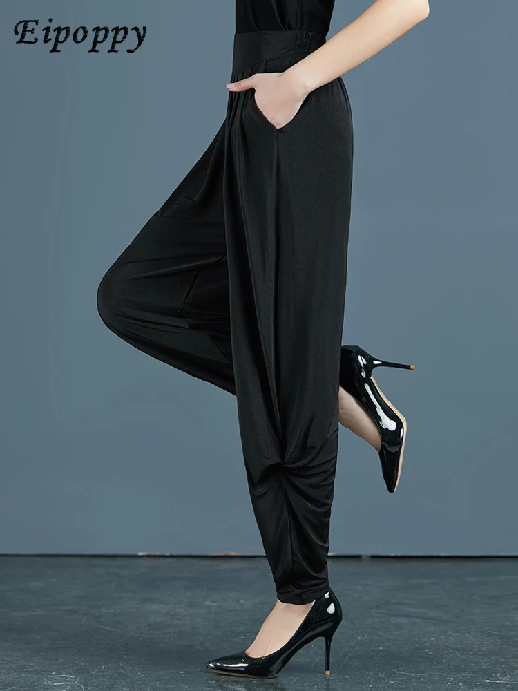 بنطال نسائي فضفاض بخصر مرن ، بنطلون مضاد للتجاعيد ، فضفاض ، تنحيف ، أحادي اللون ، بنطلون حريم ، الصيف