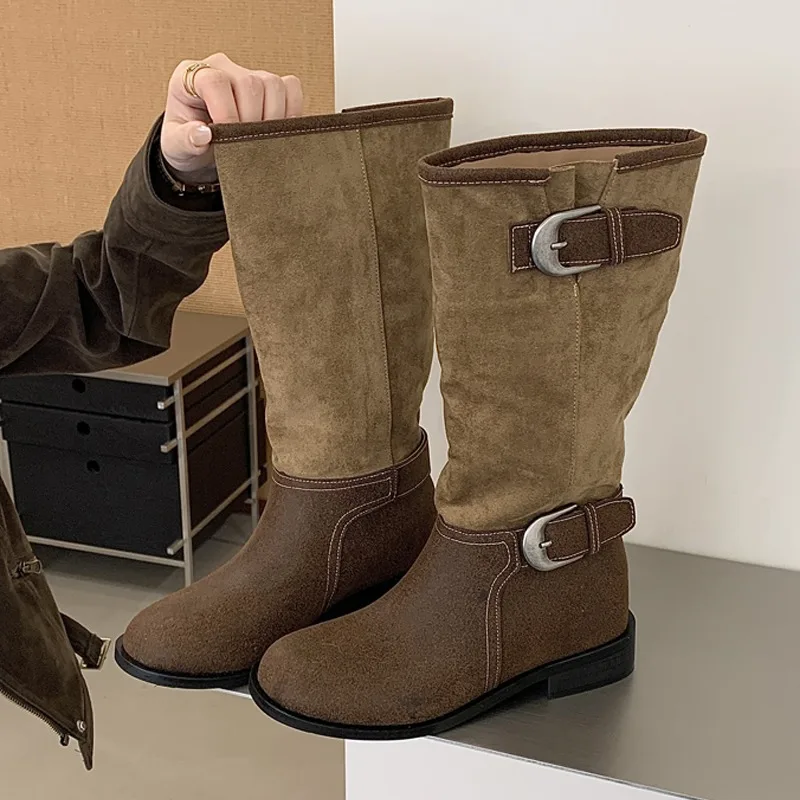 Eilyken Winter Retro Contrasting Splicing Buckle Strap Women Knee-High Boots Western Style Round Toe Square Low Heels Shoes