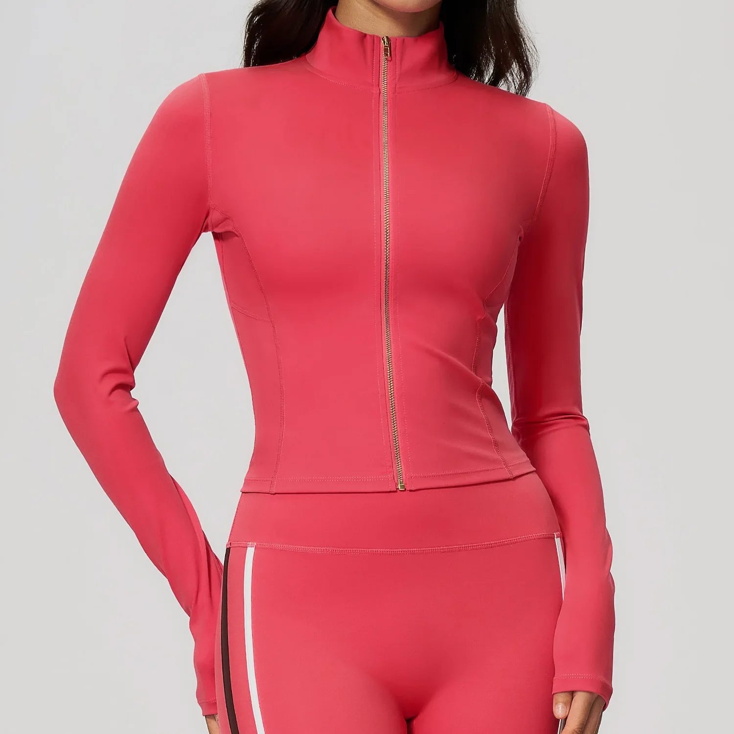 Ropa de yoga de manga larga para deportes al aire libre, para mujer, de corte ajustado, de secado rápido, con cremallera, chaqueta con cuello alto, ideal para correr y hacer ejercicio.