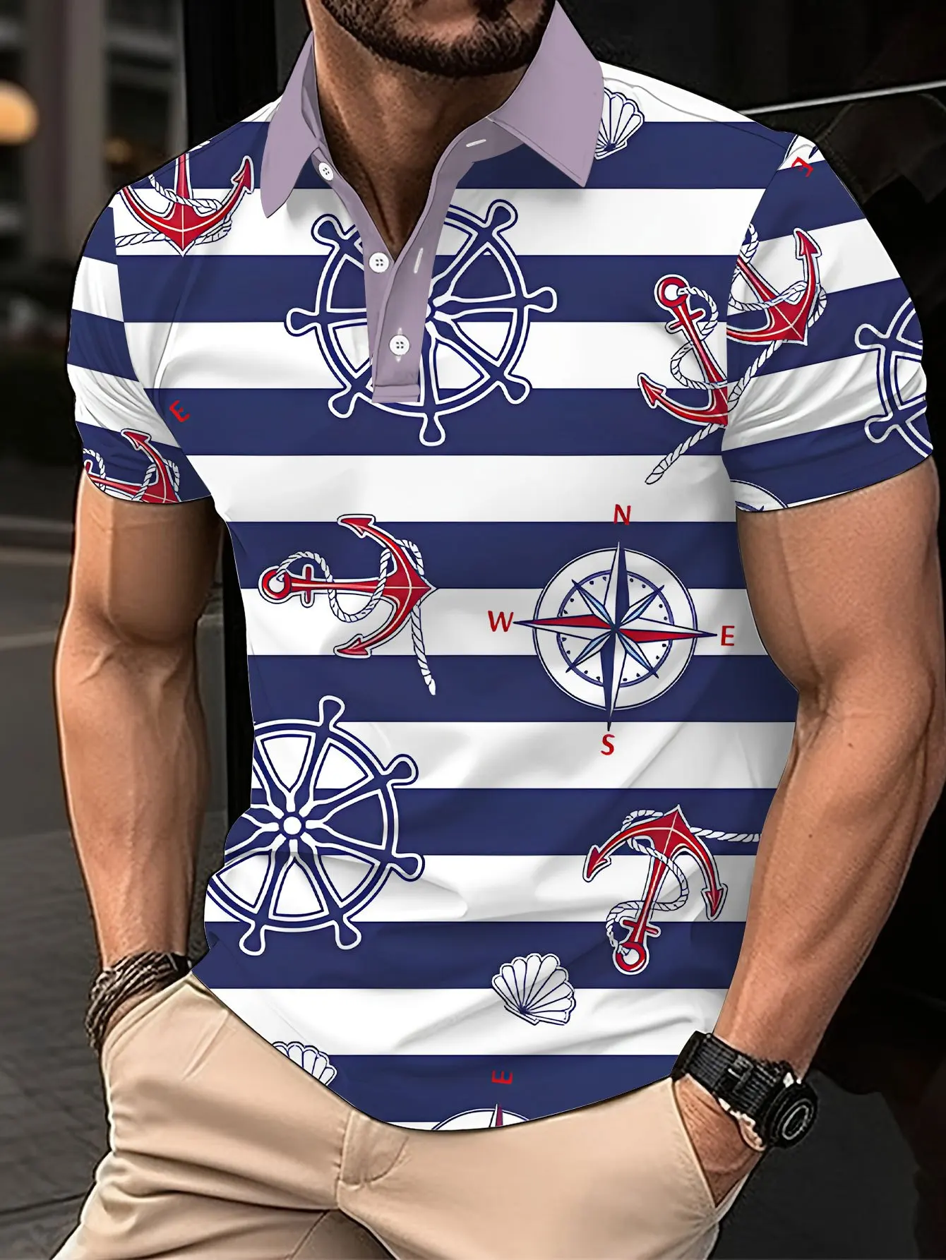 New men's short-sleeve polo shirt T-shirt, loose-fitting and tailored with printed patterns, versatile basic crew-neck top suita