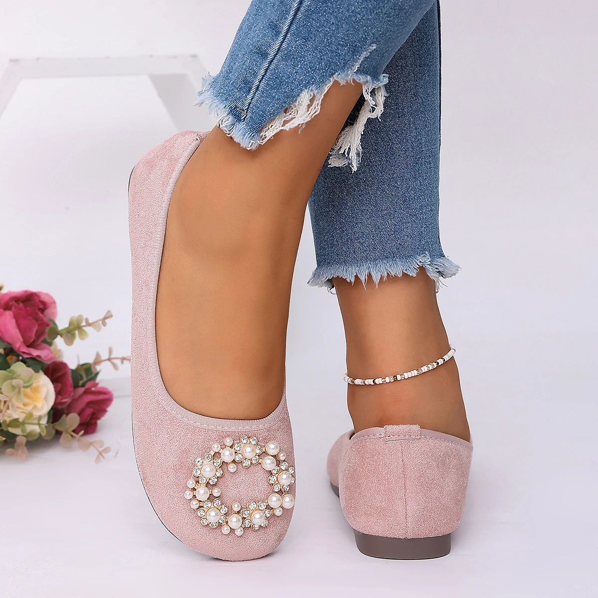 Women Elegant Flat Slip-on Shoes Round Toe Pearl Rhinestone Decor Footwear Versatile Party Daily Dress Footwear