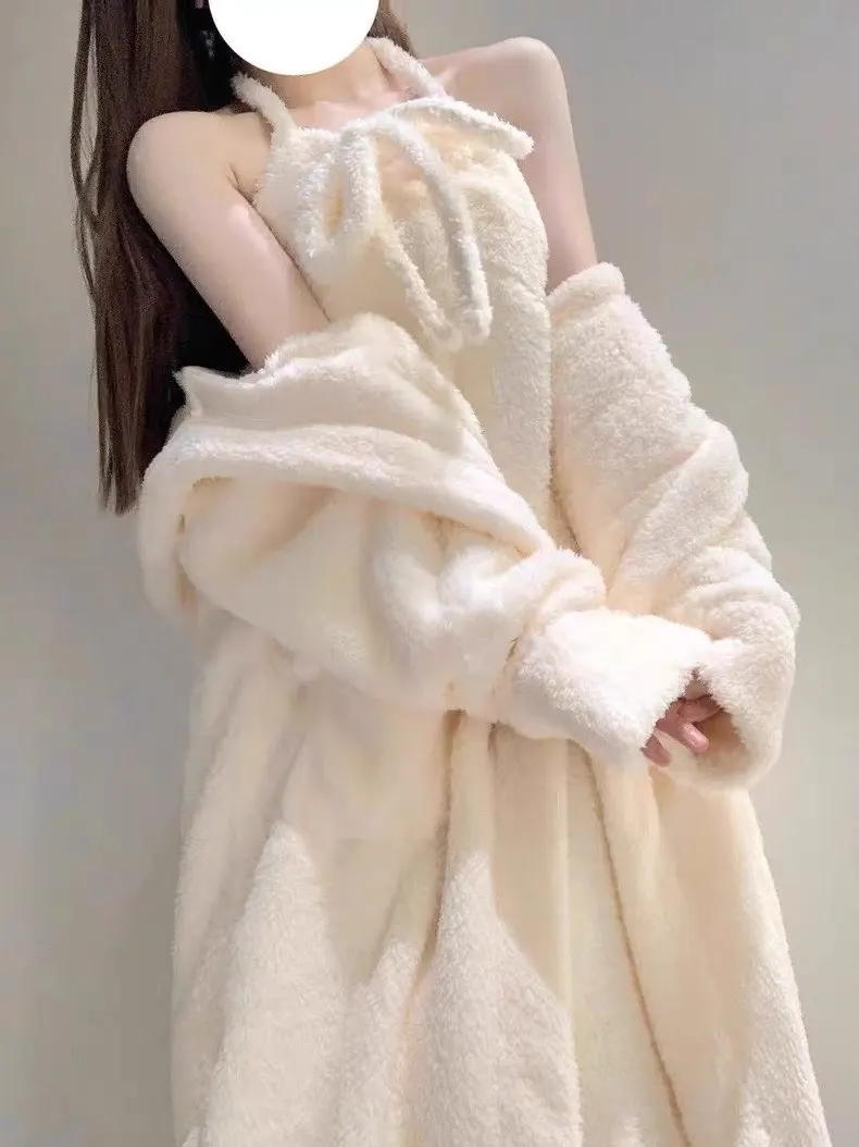 Thickened Coral Fleece Sleepwear Women's Home Clothes Sweet Cute Style Long Sleeve Long Dress Robe Winter Warm Soft Home Pyjama