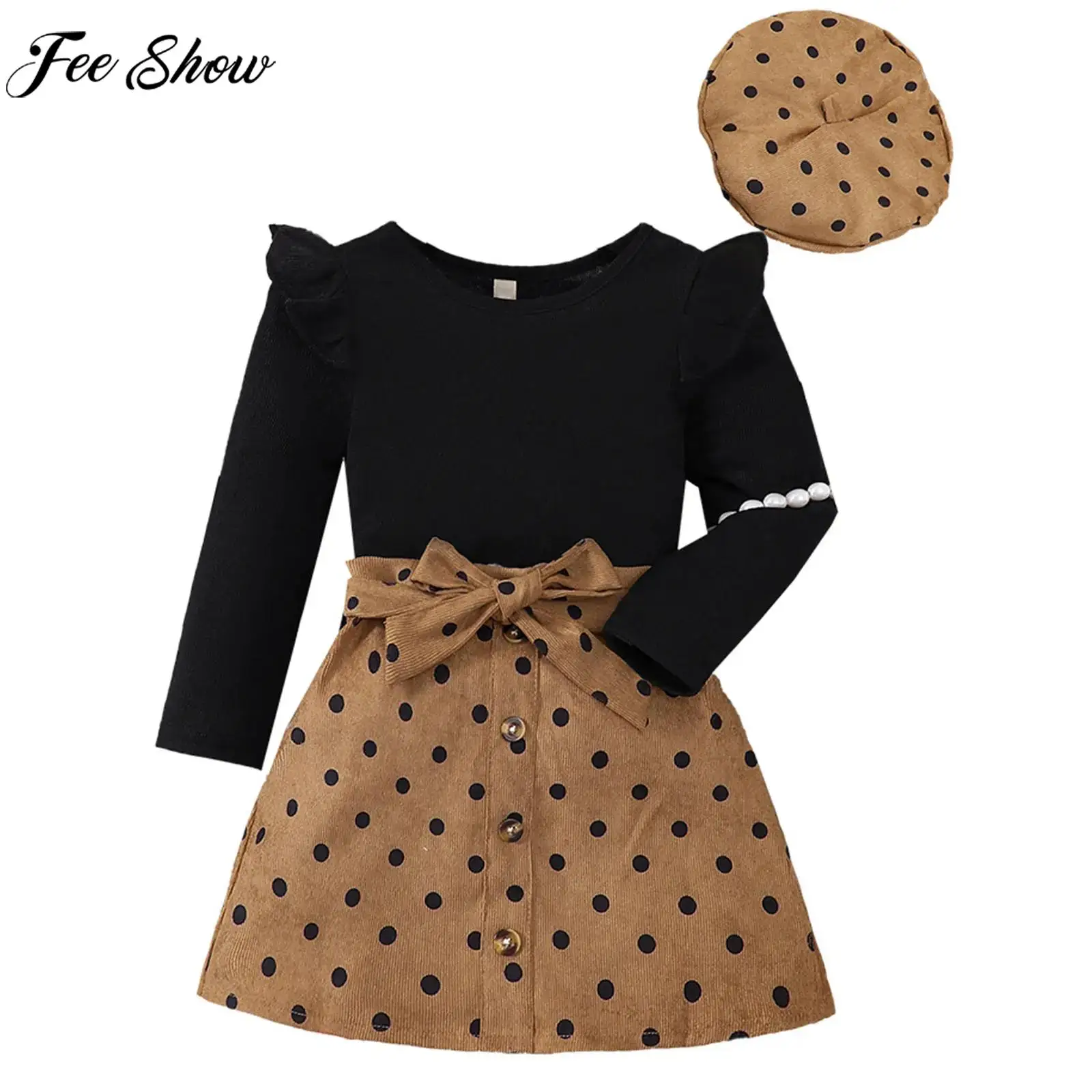 Toddler Girls Autumn Fashion Casual Outfit Long Sleeve Knit Tops with Skirt Beret Hat for Daily School Birthday Party Holiday