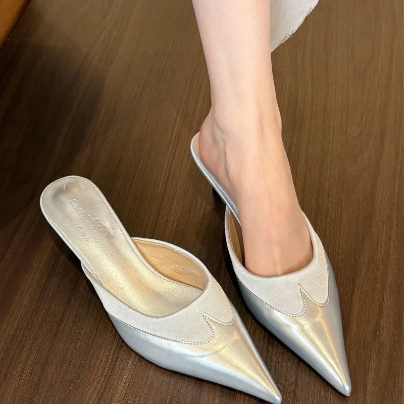 Luxury Women's Slippers Mules Pointed Toe Elegant Thin High Heel Slip on Lady Pumps Women Flip Flop Tongs Femme Mules Femme