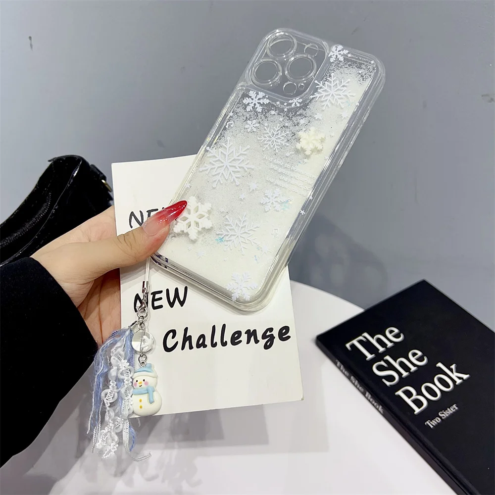 حافظة لامعة ثلاثية الأبعاد على شكل ندفة الثلج لهاتف آيفون 16 11 12 13 14 15 Pro Max Plus مع غطاء حماية للكاميرا وسوار معصم