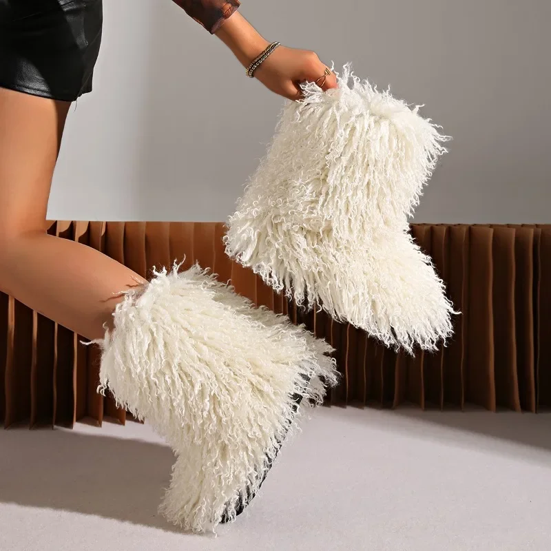 New Winter Boots Furry Shoes Women Teddy Fur Snow Boots Fluffy Warm Faux Wool Boot Plush Fashion Boots Ladies Mongolian Fur Boot