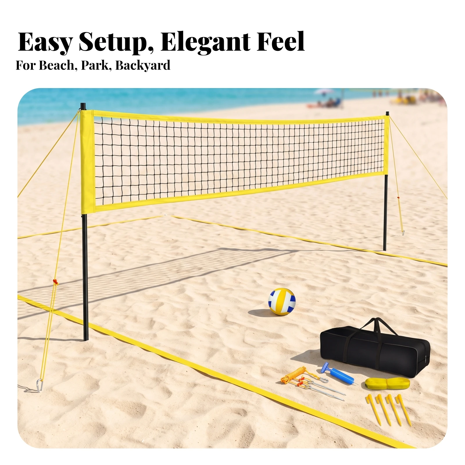 Portable Beach Volleyball Set with Boundary Line Heavy Duty Net Ball Pump and Carry Bag for Outdoor Games