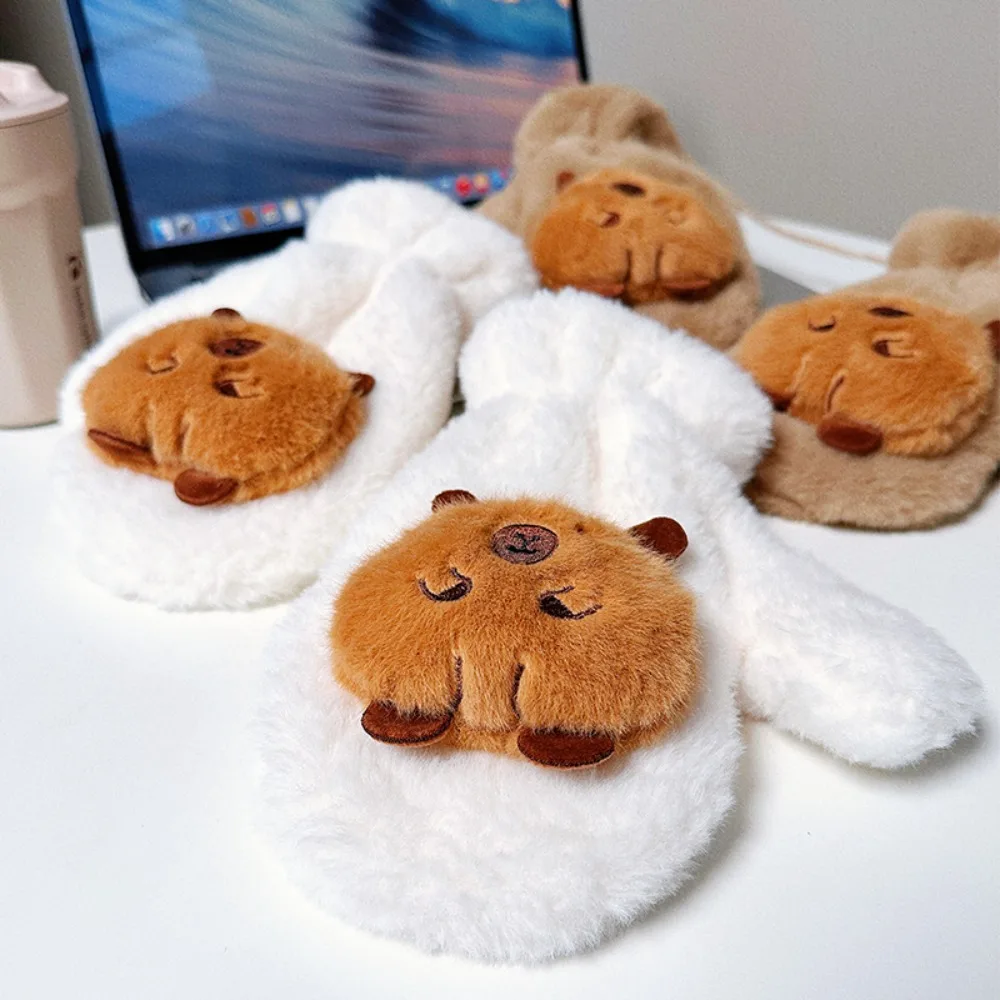 Faux Rabbit Hair Capybara Lanyard Mittens Windproof Ear Cartoon Anti-cold Mittens Thickened Soft Full Finger Gloves Winter