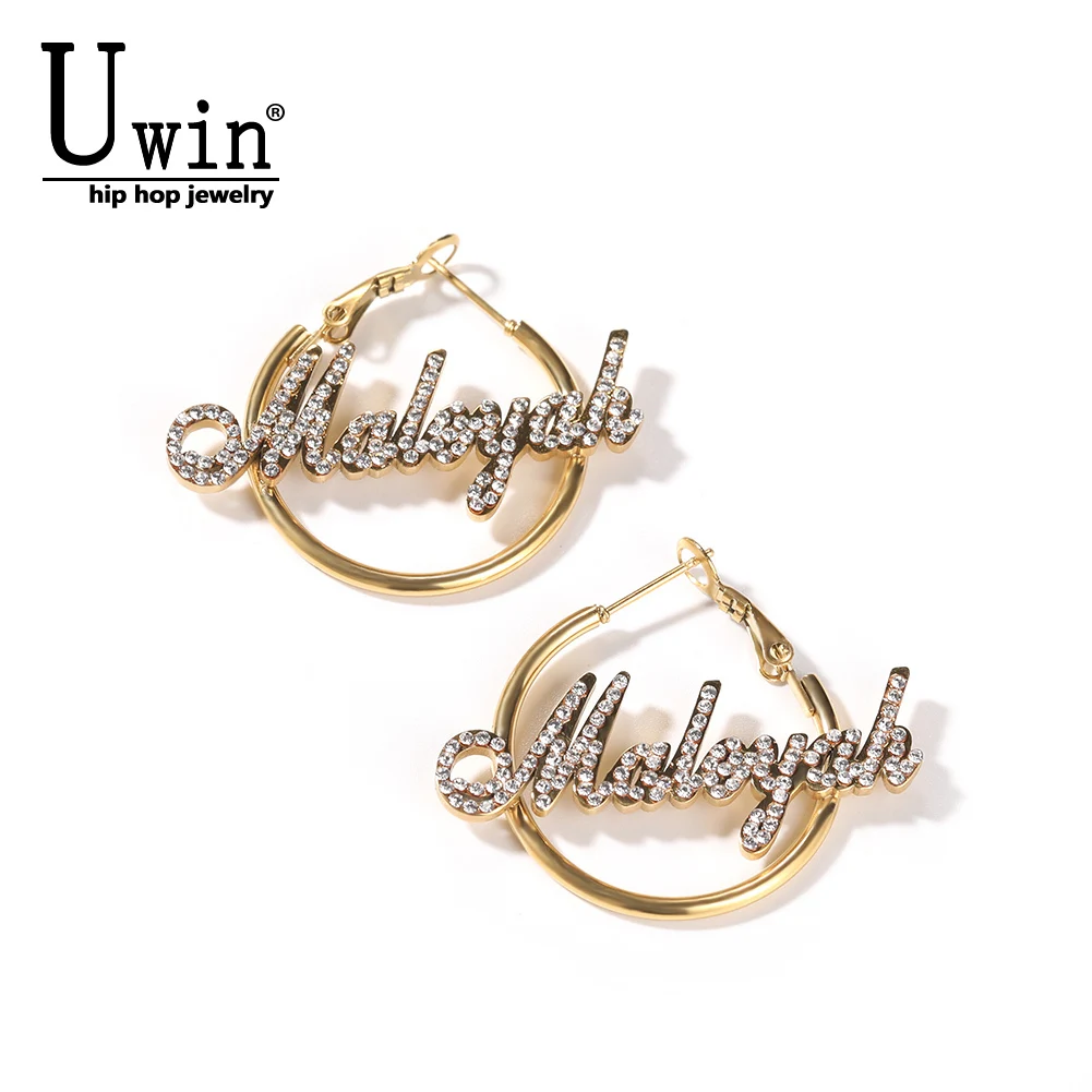 

UWIN Custom Crystal Name Earrings 30MM-100MM Iced Out Stone Personalized Letter Big Hoop Earrings Trendy Women Jewelry