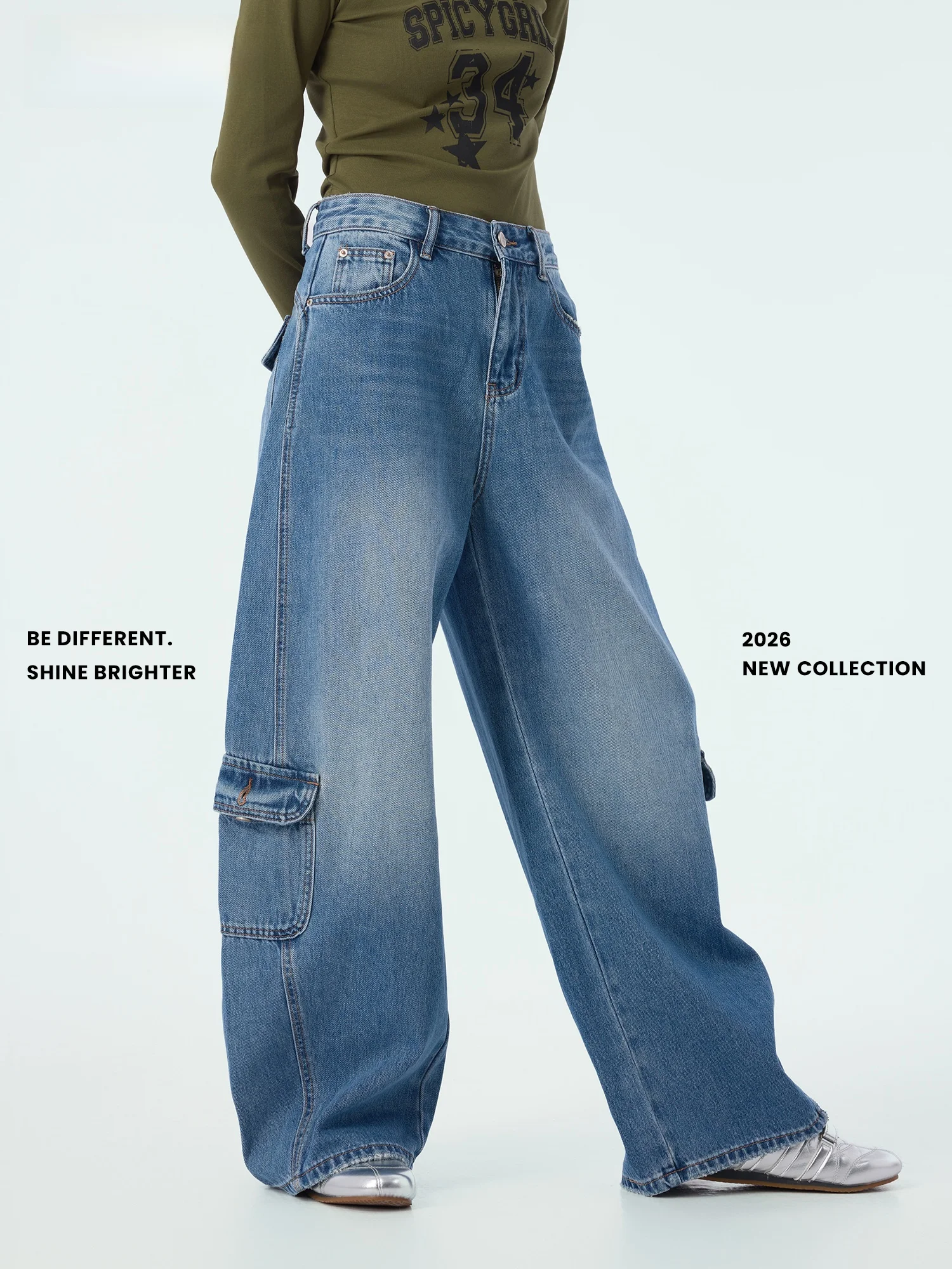 

Didimax Spring New Loose Wide Leg Denim Work Trousers Women's Long Pants with kets Casual Sle l Waist Cotton