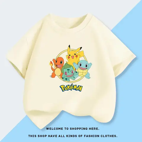 2025 Pikachu Pok É Mon tryckt kortärmad t-shirt för pojkar sommarkläder ny mode par halvärmad barn t-shirt 8 best sales Pikachu T-shirt - №7