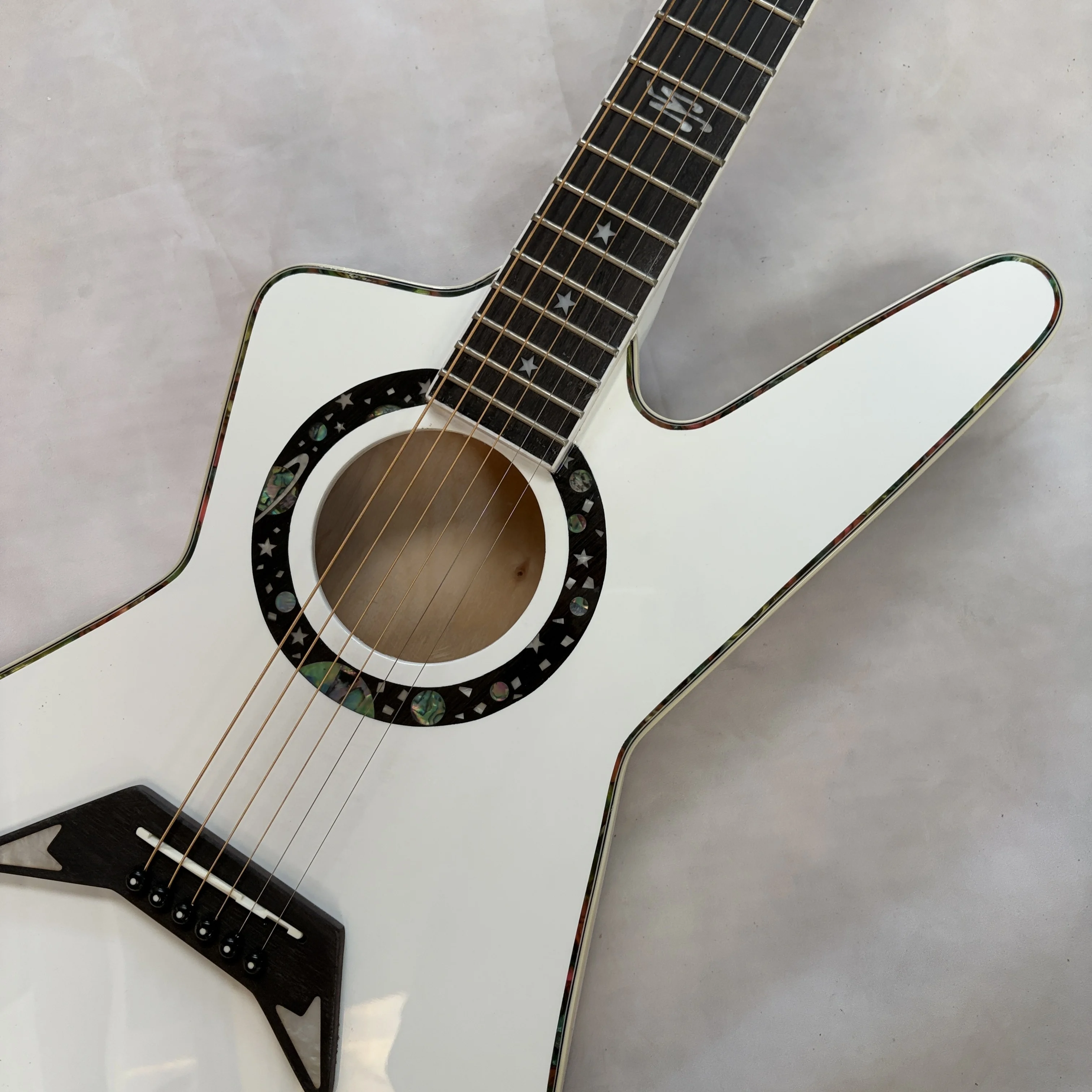 V Shape Acoustic Guitar, Gloss White, Abalone Binding, Star Inlays, Starry Rosette, Gold Tuners, 22 Frets,  Gift