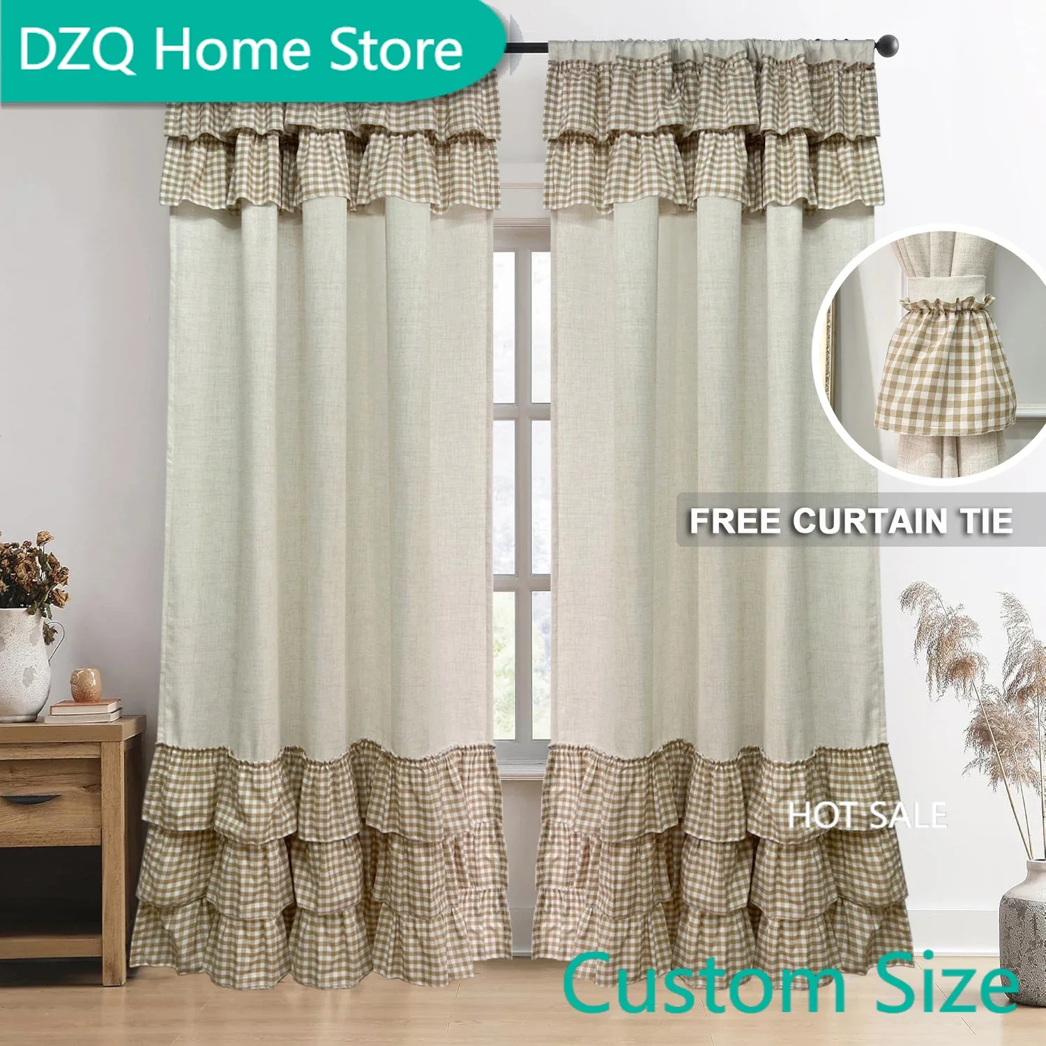 

Vintage Imitation Linen Semi Sheer Curtains With Plaid Ruffle Farmhouse Curtains for Living Room, Bedroom Weaken The Light