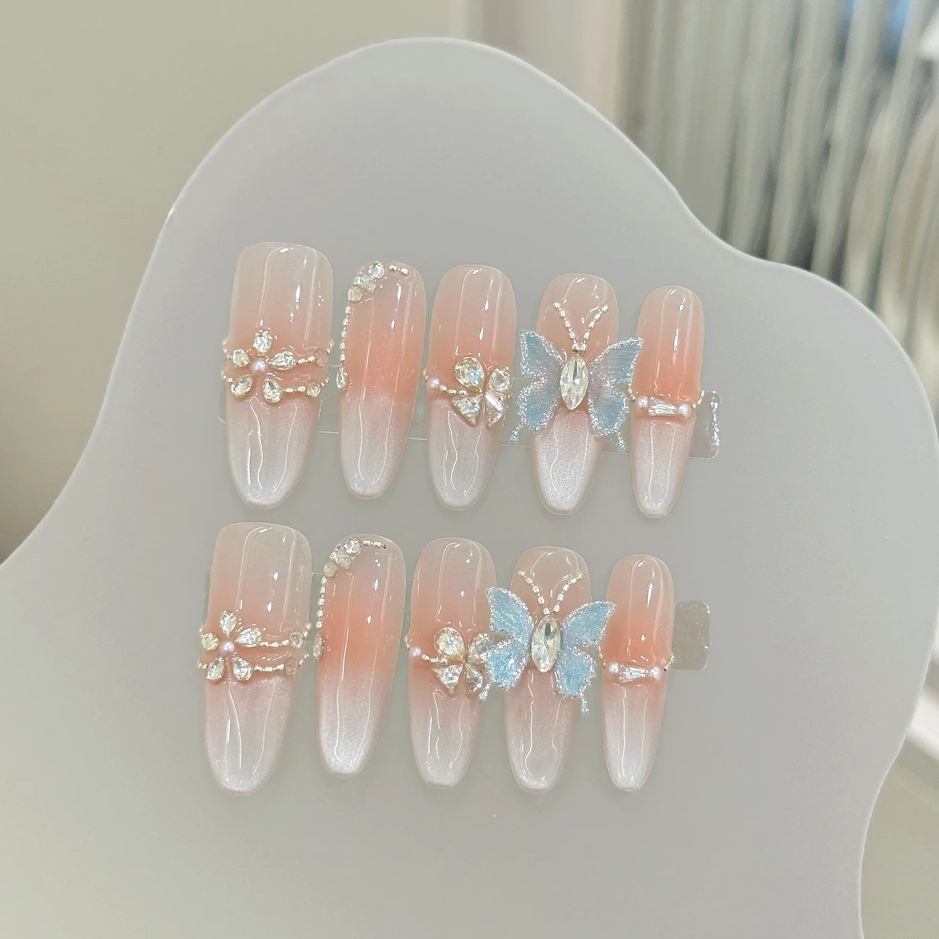 

10pcs Long Ballerina Handmade Press On Nails Blush Almond Crystal Butterfly Decor Fake Nails Temperament Cat's Eye False Nail