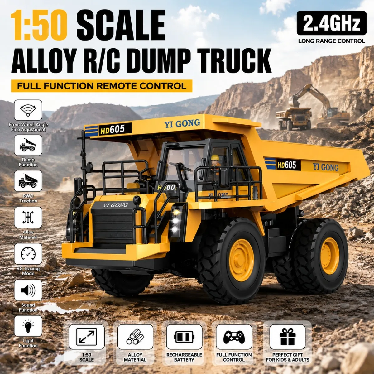 YG605 1/50 Remote Control Screw Dump Truck 2.4G Remote Control 3KM/H Loading and Unloading Function LED Simulated Sound Effects.